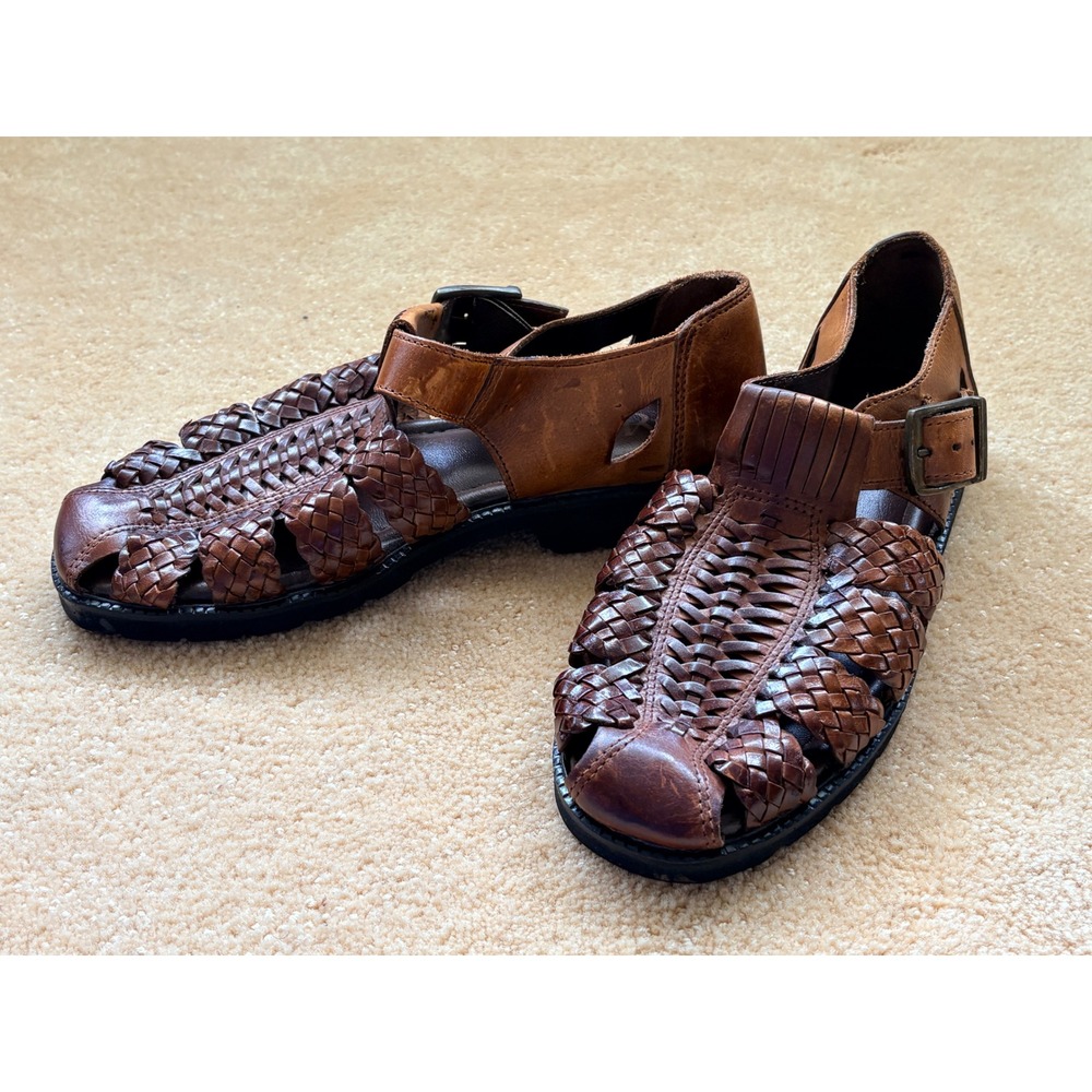 VTG 90s Martino Men Brown Leather Woven Huarache Gladiator Sandals Buckle 8